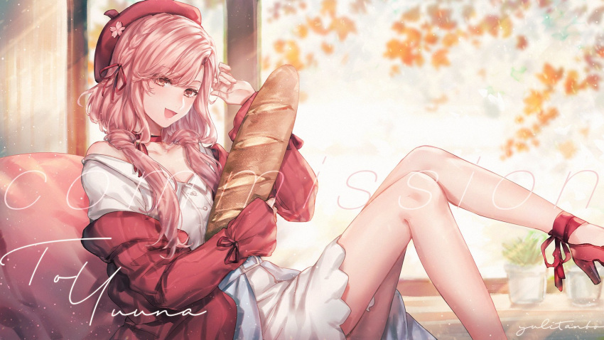 1girl :d ankle_ribbon baguette bare_shoulders beret braid bread breasts cardigan character_name choker cleavage commentary dress english_commentary eyebrows_visible_through_hair flush food hair_ribbon hat high_heels highres indie_virtual_youtuber leg_up long_hair long_sleeves looking_at_viewer nini_yuuna open_mouth pink_eyes pink_hair red_cardigan ribbon shoes sitting sleeves_past_wrists small_breasts smile solo watermark white_dress yuli_(yulipo)