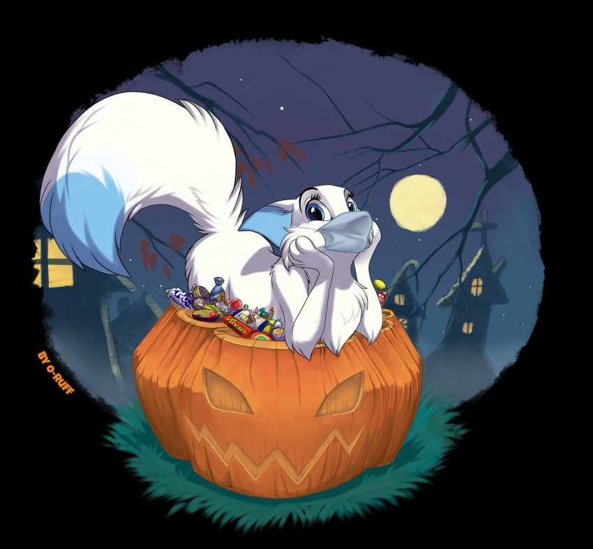 avey_(avey_aveon) blue_eyes candy canid canine canis dipstick_tail eyelashes female feral food fox fruit fur halloween holidays mammal mask moon multicolored_body multicolored_fur multicolored_tail night o-ruff plant pumpkin solo watermark white_body white_fur