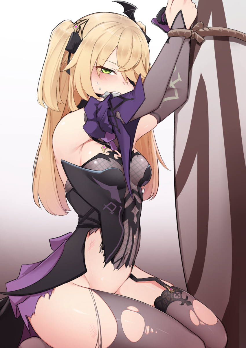 1girl absurdres armpits arms_up bare_shoulders bdsm bit_gag black_dress blonde_hair bodysuit breasts detached_sleeves dress eyepatch fischl_(genshin_impact) gag garter_straps genshin_impact gloves gradient gradient_background green_eyes grey_legwear hair_ornament hair_over_one_eye highres k0ng long_hair long_sleeves looking_at_viewer no_panties restrained single_glove sitting small_breasts solo sweat torn_bodysuit torn_clothes torn_legwear two_side_up white_background