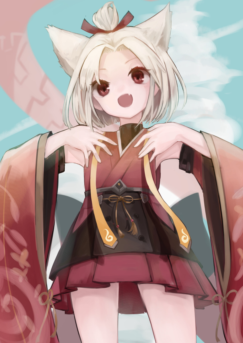 1girl absurdres azur_lane bangs bare_shoulders cloud day detached_sleeves fang flat_chest from_below hands_on_own_chest hemorina highres japanese_clothes kimono looking_at_viewer miniskirt open_mouth parted_bangs red_eyes red_kimono red_ribbon ribbon shikigami short_hair shouhou_(azur_lane) skirt sleeveless sleeveless_kimono topknot white_hair wide_sleeves yellow_ribbon yellow_rope