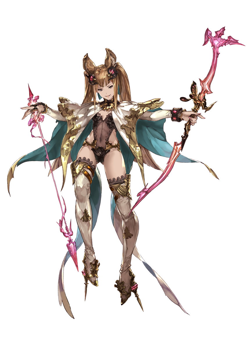 &gt;:) 1girl absurdres animal_ears arrow_(projectile) bangs bow_(weapon) breasts brown_hair butterfly_wings cat_ears cleavage derivative_work erune full_body granblue_fantasy hair_ornament high_heels highres holding holding_weapon kazeno leotard light_brown_hair long_hair long_sleeves looking_at_viewer metera_(granblue_fantasy) midriff mole mole_under_mouth navel see-through sidelocks small_breasts smile solo thighhighs twintails v-shaped_eyebrows weapon white_background white_legwear wings