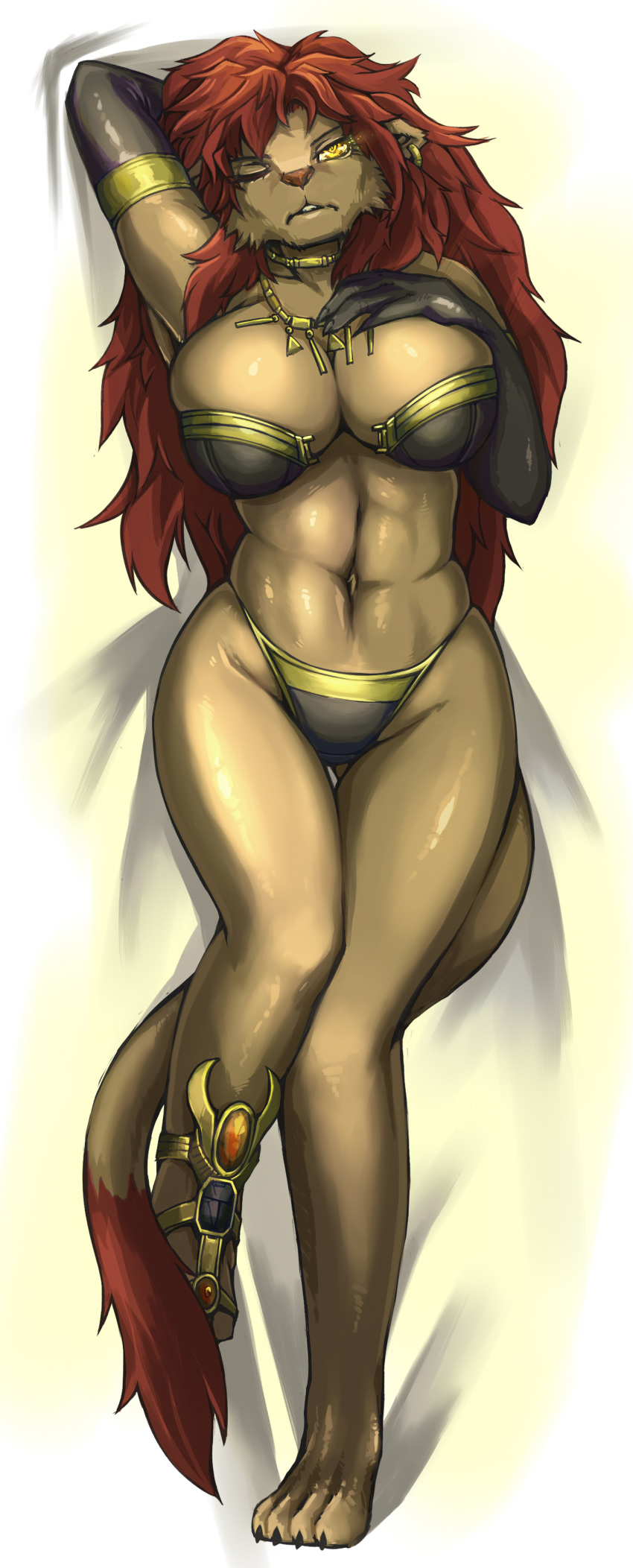 absurd_res anthro bikini breasts brown_body brown_fur claws clothed clothing collar dakimakura_design felid female fluffy fluffy_tail fur gem hair hi_res link2004 lion lying mammal one_eye_closed open_mouth pantherine panties partially_clothed red_body red_fur red_hair sekhmet_(link2004) simple_background solo swimwear teeth underwear white_background yellow_eyes