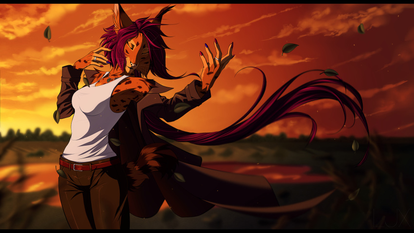 16:9 2018 5_fingers anthro black_bars breasts clothed clothing day detailed_background eyes_closed felid feline female fingers hi_res letterbox lynjox lynx lynxyjones mammal outside sky smile solo widescreen