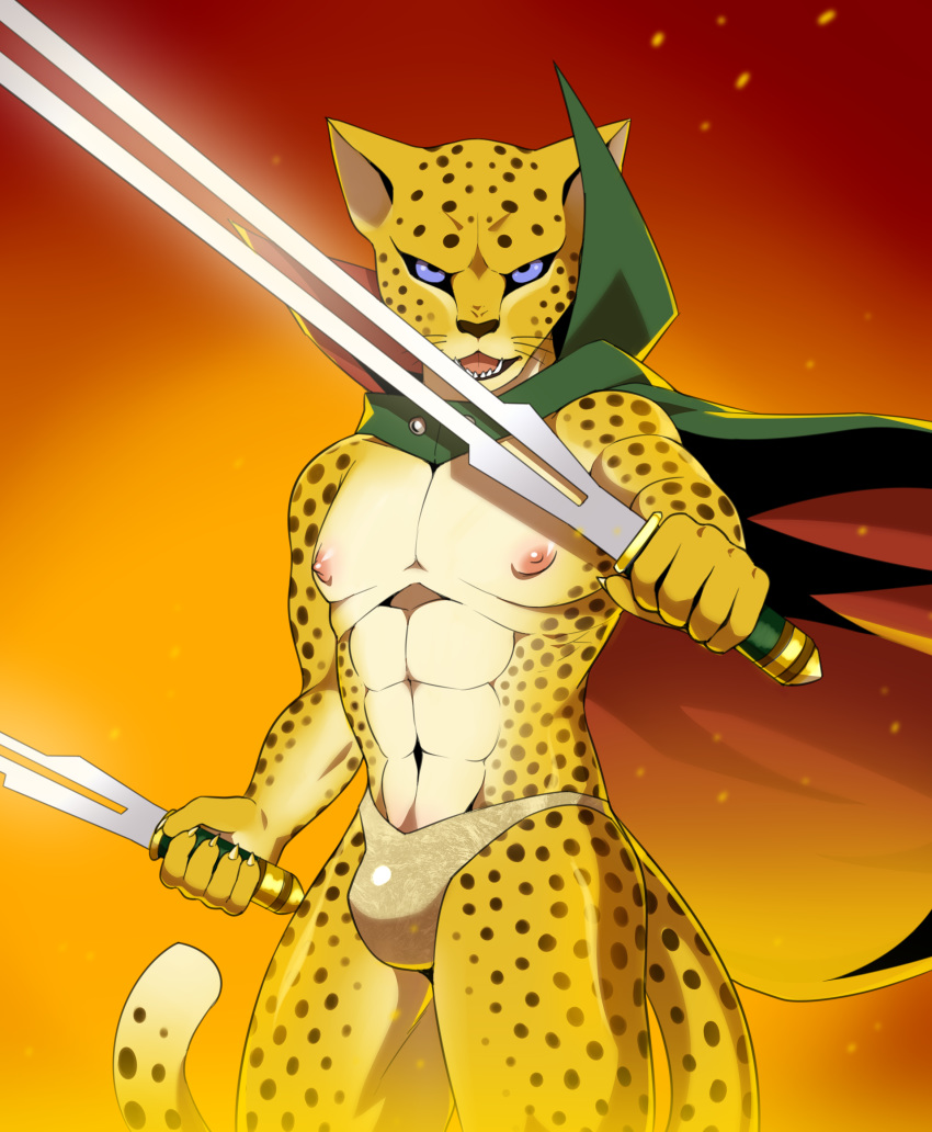 abs absurd_res angry anthro atlus blue_eyes bulge cloak clothed clothing dual_swords dual_weapon fangs felid green_cloak hi_res holding_object holding_sword holding_weapon k0hryu leopard looking_at_viewer male mammal megami_tensei melee_weapon muscular muscular_anthro muscular_male muscular_thighs navel nipples ose_(goetia) pantherine partially_clothed pose solo speedo spots spotted_body swimwear sword topless_male underwear video_games weapon