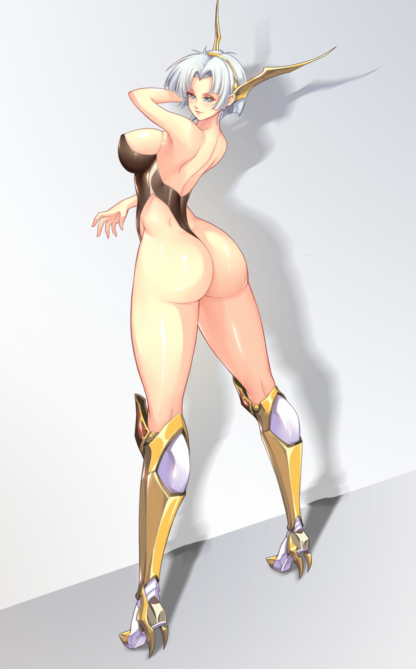 1girl absurdres armored_boots ass bangs bare_arms bare_shoulders blue_eyes blush boots breasts closed_mouth commentary_request dark_night_(darkotl) from_behind full_body gradient gradient_background hair_ornament highres knee_boots langrisser langrisser_ii large_breasts leotard lips parted_bangs shadow sherry_(langrisser) shiny shiny_clothes shiny_skin short_hair silver_hair simple_background solo standing strapless strapless_leotard thighs thong thong_leotard