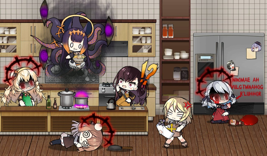 !? 6+girls :3 affliction_(darkest_dungeon) alternate_costume anger_vein apron bangs black_ribbon blonde_hair bottle bowl brown_hair cabinet chibi chopsticks cigar cooking cross crossover cupboard darkest_dungeon eating english_commentary faucet fire food frying_pan fur_hat girls_frontline glass_bottle gloves green_eyes hair_ornament hair_ribbon hairband hat hat_removed head_bump headwear_removed holding holding_chopsticks hololive hololive_english indoors jacket jar ketchup kettle knife lid long_hair long_sleeves m1903_springfield_(girls_frontline) messy_hair multiple_girls nagant_revolver_(girls_frontline) necktie ninomae_ina'nis noodles o_o one_side_up open_mouth oven plate possessed pot purple_hair r'lyeh red_eyes refrigerator ribbon s.a.t.8_(girls_frontline) shelf shirt sidelocks silver_hair sink smile spas-12_(girls_frontline) spatula spiral_eyes spoon stove summoning tentacles the_mad_mimic thompson_(girls_frontline) tile_wall tiles translated ventilation_shaft very_long_hair virtual_youtuber wa2000_(girls_frontline) white_headwear white_jacket white_shirt wooden_floor writing_on_wall