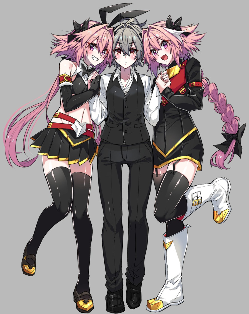 3boys :d animal_ears astolfo_(fate) astolfo_(saber)_(fate) black_legwear black_pants black_skirt black_vest blush bow braid braided_ponytail bunny_ears commentary_request dual_persona fake_animal_ears fang fate/apocrypha fate/grand_order fate_(series) full_body grey_hair grin hair_bow haoro highres long_hair male_focus midriff multiple_boys navel open_mouth otoko_no_ko pants pink_hair red_eyes shirt short_hair sieg_(fate/apocrypha) single_braid skin_fang skirt smile standing thighhighs vest white_footwear white_shirt