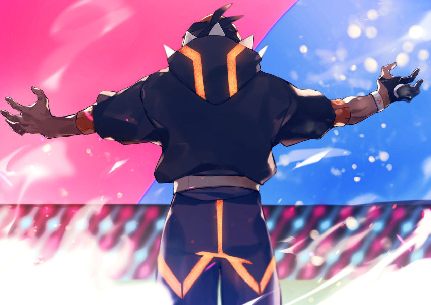 1boy black_hair black_hoodie commentary_request dark_skin dark_skinned_male dynamax_band from_behind gloves gym_leader highres hood hood_down male_focus outstretched_arms partly_fingerless_gloves pokemon pokemon_(game) pokemon_swsh raihan_(pokemon) shorts single_glove solo sou_230