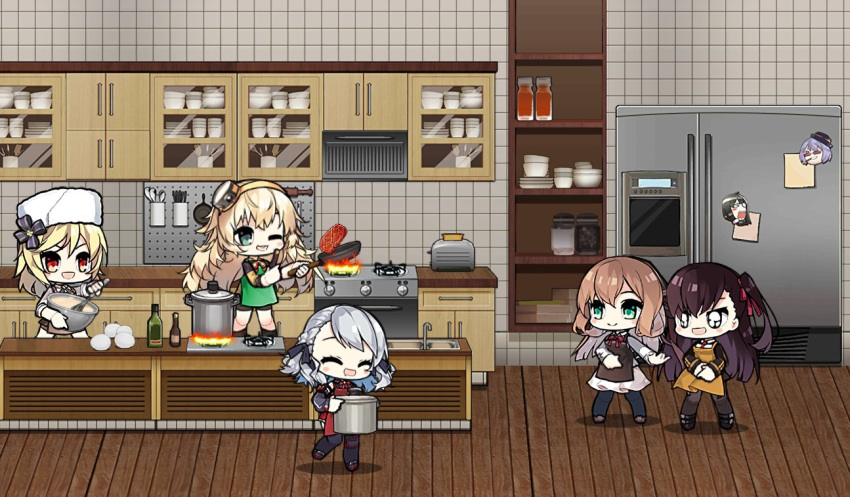 5girls alternate_costume apron bangs black_ribbon blonde_hair bottle bowl bread bread_slice brown_hair cabinet chibi cigar cooking cupboard egg english_commentary faucet fire flipping_food food frying_pan fur_hat girls_frontline glass_bottle green_eyes hair_ornament hair_ribbon hairband hat holding indoors jacket jar knife lid long_hair long_sleeves m1903_springfield_(girls_frontline) messy_hair multiple_girls nagant_revolver_(girls_frontline) necktie one_side_up open_mouth oven plate pot purple_hair red_eyes refrigerator ribbon s.a.t.8_(girls_frontline) shelf shirt short_hair sidelocks silver_hair sink smile sparkling_eyes spas-12_(girls_frontline) spatula spoon stove sunglasses the_mad_mimic thompson_(girls_frontline) tile_wall tiles toaster ventilation_shaft very_long_hair wa2000_(girls_frontline) whisk white_headwear white_jacket white_shirt wooden_floor