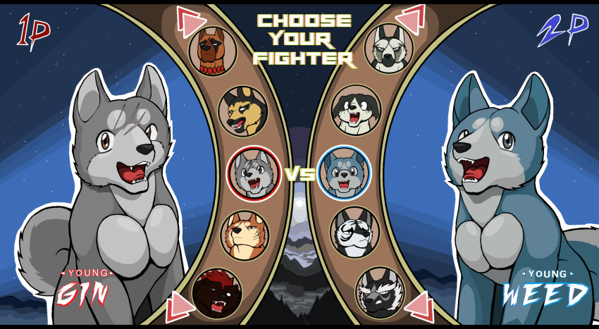 akakabuto canid canine canis character_roster domestic_dog droll3 english_text feral fighters fighting_game gin_(character) ginga_densetsu_weed ginga_nagareboshi_gin group hi_res male mammal menu riki_(gng) text title ursid versus weed_(character) wolf