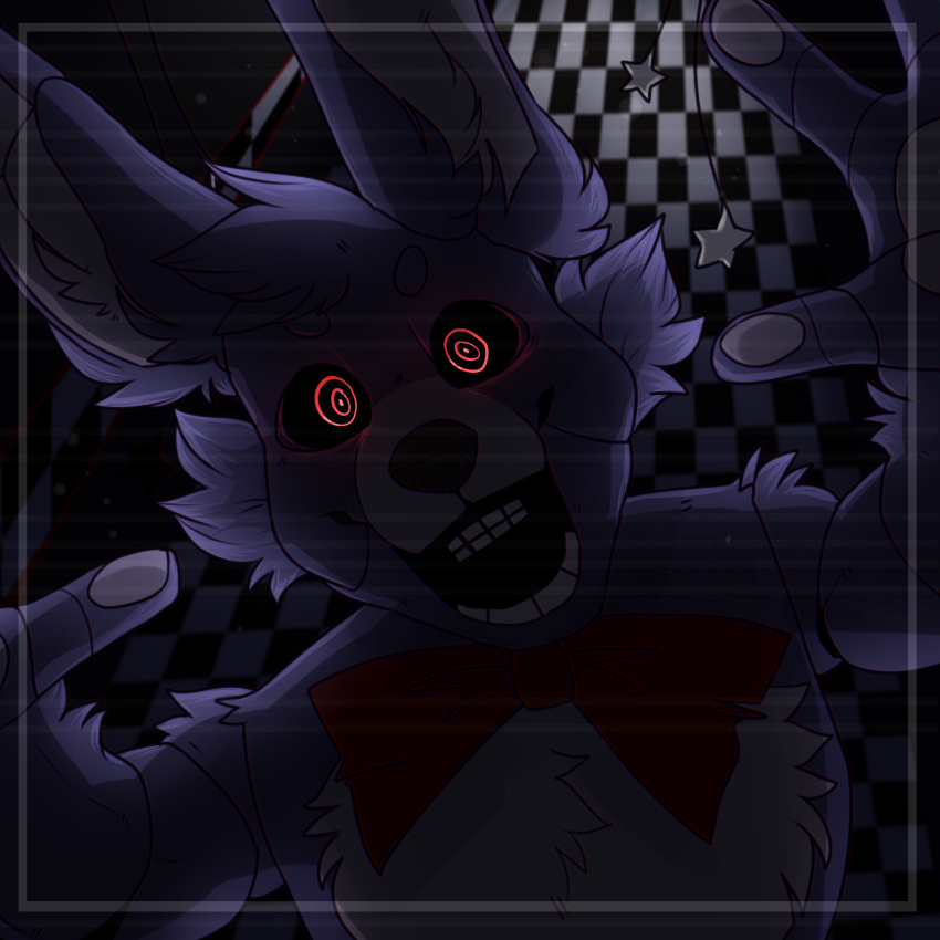 1:1 2018 animatronic anthro black_nose black_sclera bonnie_(fnaf) bow_tie checkered_floor cheek_tuft chest_tuft creepy eyebrows facial_tuft fingers five_nights_at_freddy's hair head_tuft hi_res icon inner_ear_fluff lagomorph leporid looking_at_viewer machine mammal open_mouth pawpads purple_hair rabbit red_bow_tie red_eyes ribbons robot teeth toybunnies tuft video_games