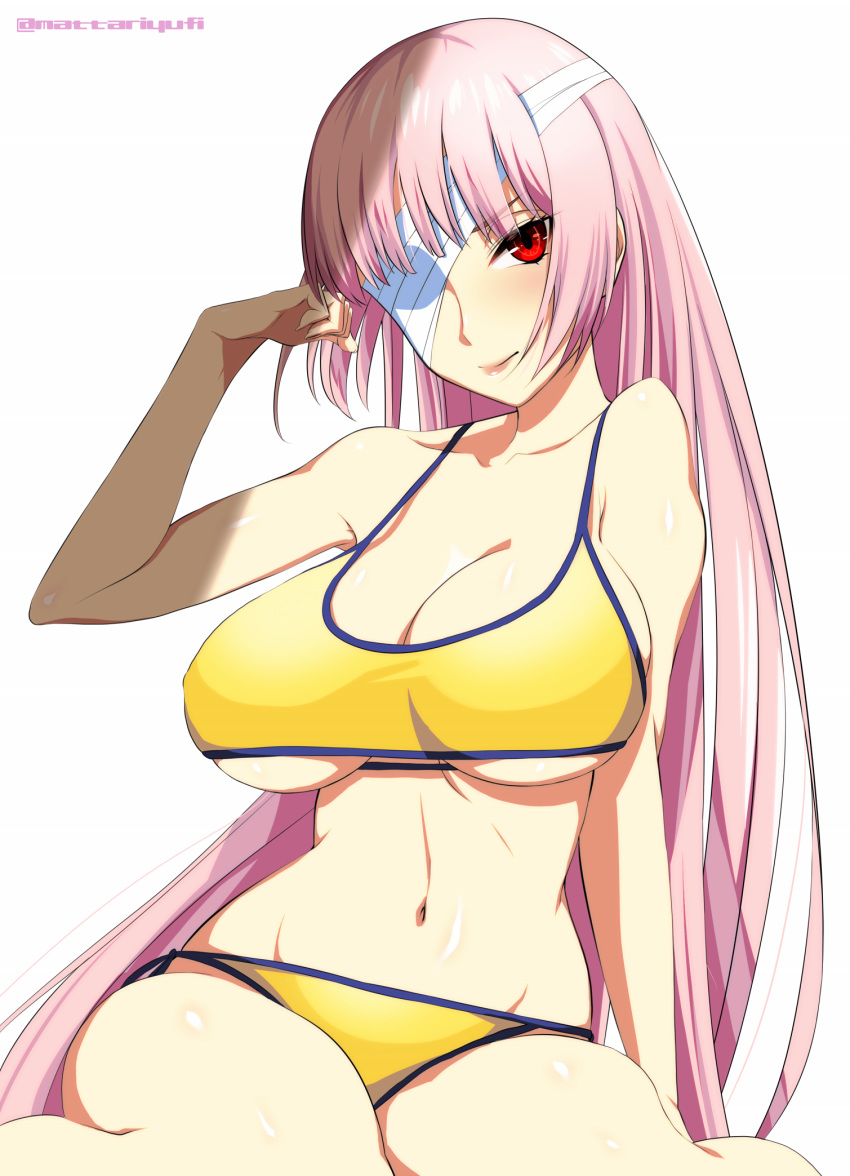 1girl bandaged_head bandages bikini bikini_bottom bikini_top breasts cleavage clenched_hand commentary_request fate/grand_order fate_(series) florence_nightingale_(fate/grand_order) hand_up highres large_breasts long_hair looking_at_viewer mattari_yufi navel pink_hair red_eyes smile solo swimsuit twitter_username upper_body