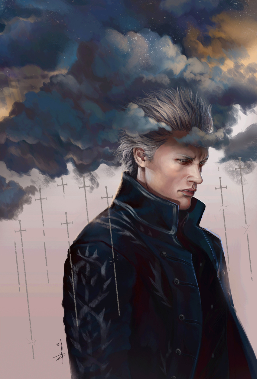 1boy absurdres black_vest blue_coat closed_mouth cloud coat commentary devil_may_cry_5 frown grey_eyes highres lizzart-zardonicz looking_away male_focus short_hair signature silver_hair solo trench_coat upper_body vergil vest