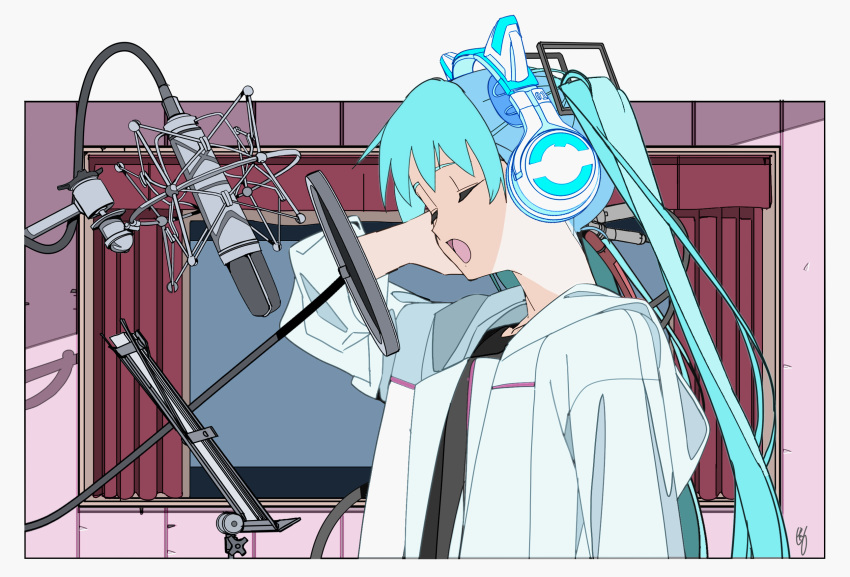 black_shirt cat_ear_headphones closed_eyes commentary curtains edoya_inuhachi english_commentary from_side hair_ornament hands_on_headphones hatsune_miku headphones highres hood hooded_jacket indoors jacket long_hair microphone music music_stand open_mouth recording_studio shirt singing twintails upper_body very_long_hair vocaloid white_jacket