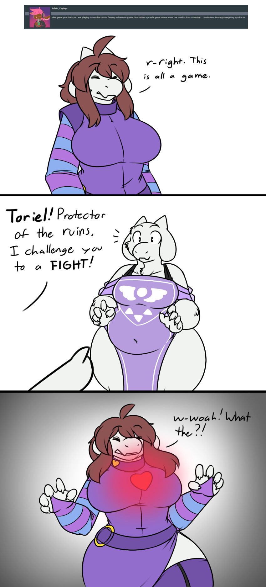 &lt;3 alternate_species anthro ask_blog big_breasts boss_monster bovid breasts brown_hair caprine clothed clothing comic duo english_text female fur goat hair hi_res horn huge_breasts long_ears long_hair mammal protagonist_(undertale) ring robertge simple_background surprise text toriel undertale video_games white_background white_body white_fur wide_hips