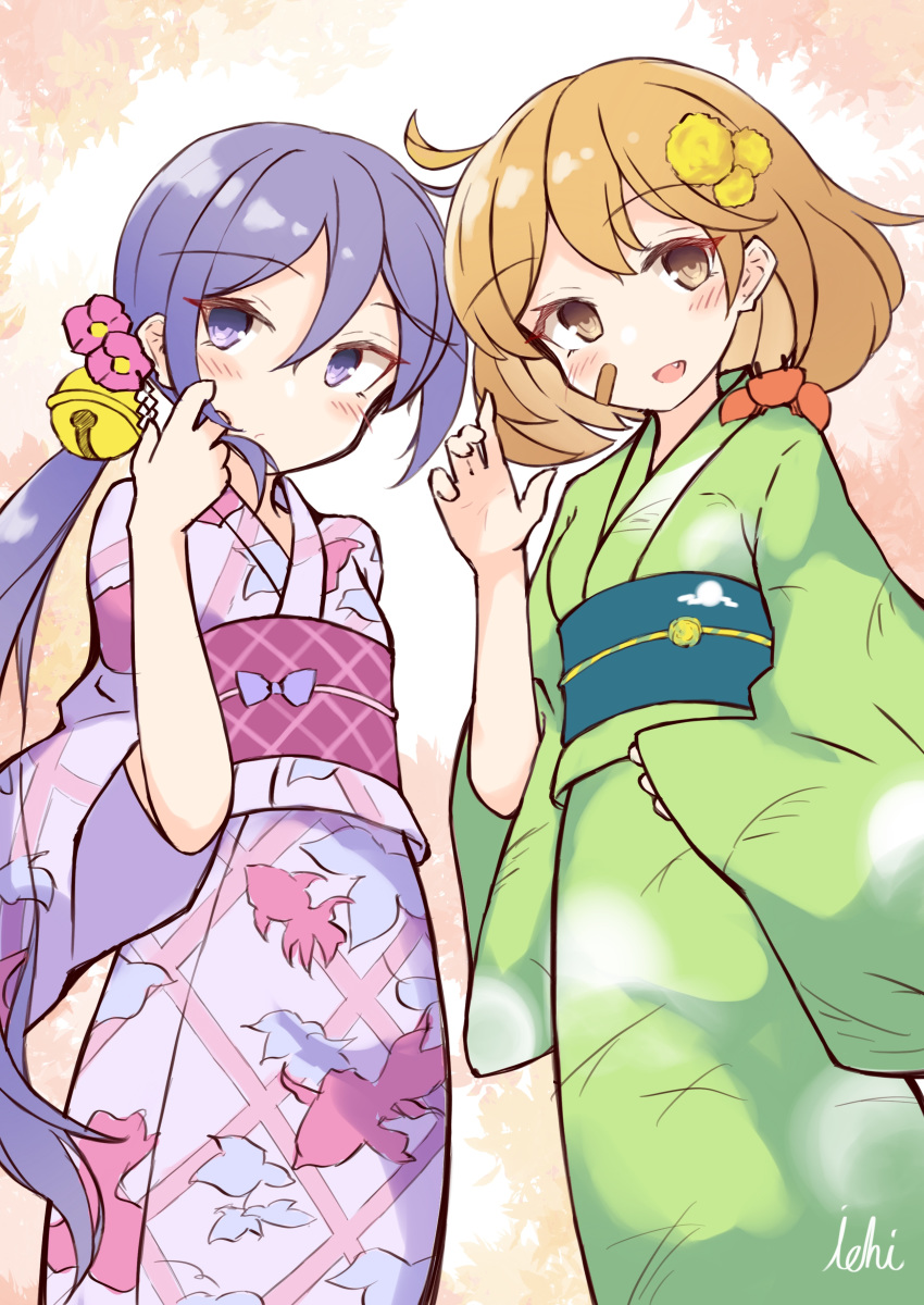 2girls :d absurdres akebono_(kantai_collection) animal animal_on_shoulder animal_print bandaid bandaid_on_cheek bangs bell blush brown_eyes brown_hair closed_mouth commentary_request crab eyebrows_visible_through_hair fang fish_print flower goldfish_print green_kimono hair_bell hair_between_eyes hair_flower hair_ornament hair_tousle hand_up highres ichi japanese_clothes jingle_bell kantai_collection kimono long_hair looking_at_viewer multiple_girls obi oboro_(kantai_collection) open_mouth pink_flower print_kimono purple_eyes purple_hair purple_kimono sash side_ponytail signature smile very_long_hair yellow_flower