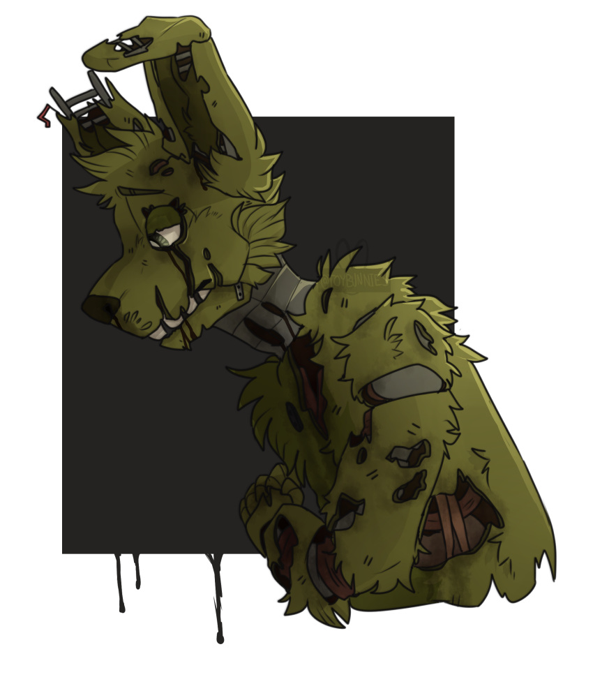 2018 absurd_res alpha_channel animatronic anthro blood bodily_fluids button_(fastener) cheek_tuft chest_tuft eyebrows facial_tuft fingers five_nights_at_freddy's five_nights_at_freddy's_3 fur green_body green_eyes green_fur half-closed_eyes head_tuft hi_res inner_ear_fluff lagomorph leporid machine mammal metal narrowed_eyes notched_ear rabbit robot simple_background springtrap_(fnaf) teeth toybunnies transparent_background tuft undead video_games