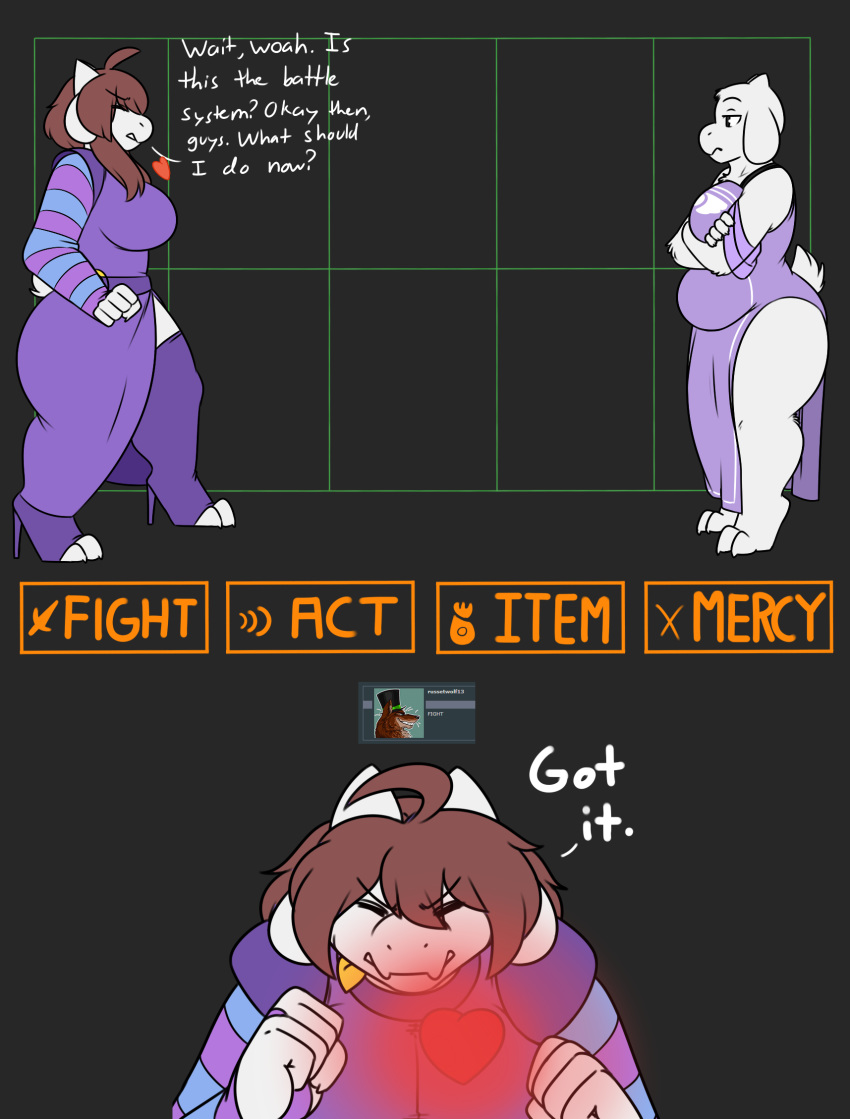 &lt;3 alternate_species angry anthro big_breasts boss_monster bovid breasts brown_hair caprine clothed clothing comic duo english_text female footwear fur goat hair hi_res high_heels horn huge_breasts knife long_ears long_hair mammal menu protagonist_(undertale) ring robertge shoes simple_background text toriel undertale video_games white_background white_body white_fur