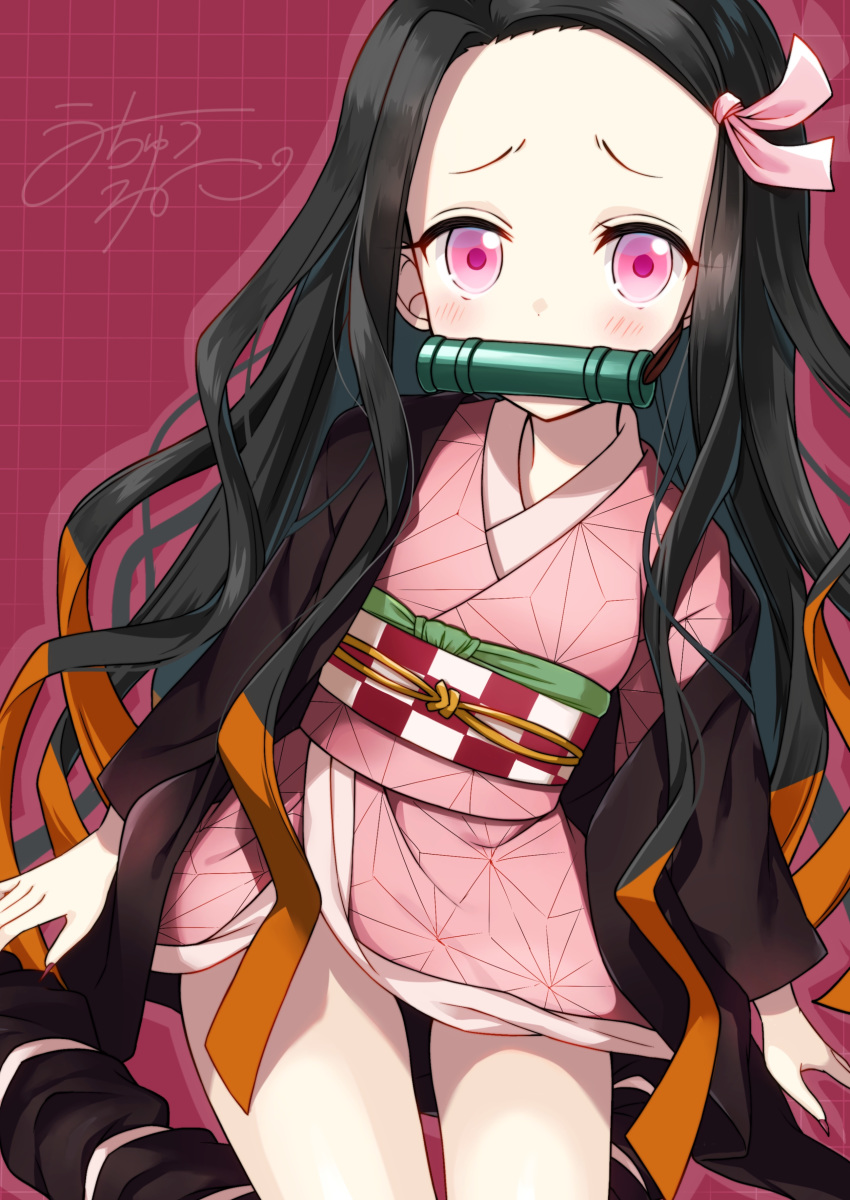 1girl absurdres bamboo bit_gag black_hair blush checkered commentary_request fingernails forehead gag hair_ribbon highres japanese_clothes kamado_nezuko kimetsu_no_yaiba kimono long_fingernails long_hair long_sleeves looking_at_viewer mouth_hold multicolored_hair obi open_clothes orange_hair pink_eyes pink_kimono pink_ribbon red_background ribbon sash sharp_fingernails sitting solo two-tone_hair uchuuneko very_long_hair wariza wide_sleeves