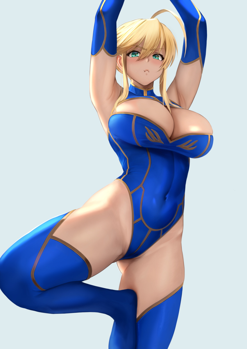 1girl ahoge armpits arms_up artoria_pendragon_(all) artoria_pendragon_(lancer) bangs bare_shoulders blue_gloves blue_legwear blue_leotard blush breasts cleavage cleaver closed_mouth covered_navel fate/grand_order fate_(series) gloves hair_between_eyes highleg highleg_leotard highres large_breasts leotard long_hair looking_at_viewer sidelocks thighhighs thighs yamaneko_(tkdrumsco)