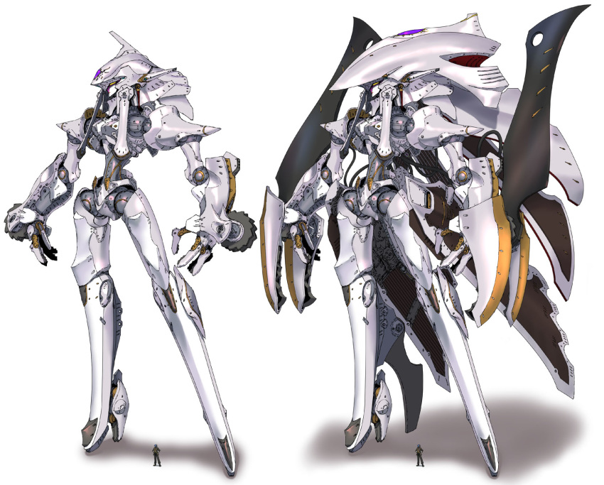 1boy five_star_stories gothicmade_(mecha) highres leaning_back mecha mortar_headd munya_(otikamohe) open_hands original science_fiction size_comparison standing variations white_background yellow_eyes