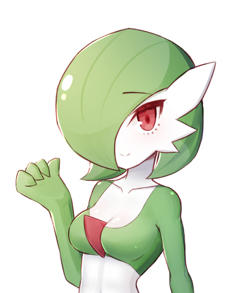 breasts cleavage closed_mouth collarbone commentary_request gardevoir gen_3_pokemon hand_up highres korean_commentary looking_at_viewer ohpe pokemon pokemon_(creature) red_eyes shiny shiny_skin smile upper_body white_background white_skin