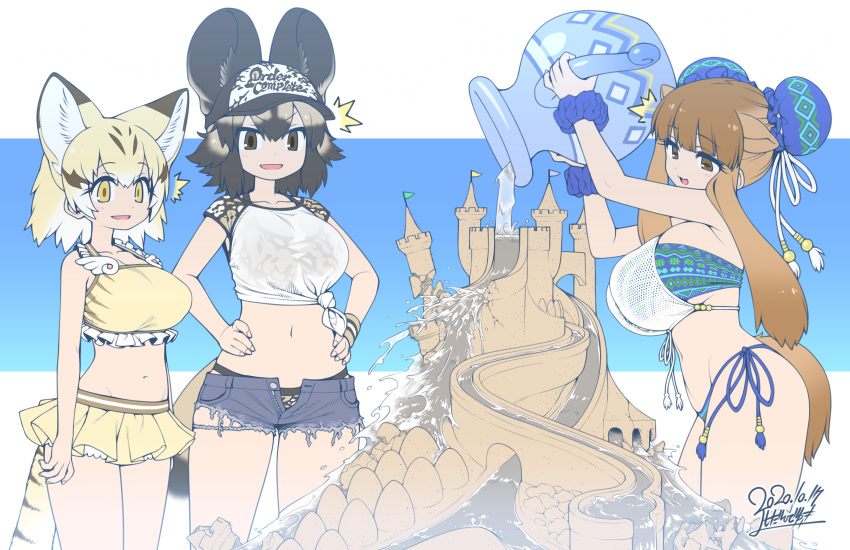 /\/\/\ 3girls african_wild_dog_(kemono_friends) african_wild_dog_print alternate_breast_size alternate_costume animal_ears animal_print arms_at_sides arms_up bactrian_camel_(kemono_friends) bangs bare_arms bare_shoulders baseball_cap bikini bikini_skirt black_hair blonde_hair breasts brown_eyes brown_hair bun_cover camel_ears camel_tail cat_ears cat_girl cat_tail clothes_writing collarbone contemporary cutoffs denim denim_shorts destruction dog_ears dog_girl dog_tail double_bun drawstring extra_ears eyebrows_visible_through_hair frilled_bikini frills grey_hair halterneck hands_on_hips hat height_difference highres holding huge_breasts kemono_friends large_breasts light_brown_hair long_hair looking_at_another looking_at_object medium_breasts medium_hair micro_shorts midriff multicolored_hair multiple_girls navel open_clothes open_fly open_mouth open_shorts orange_eyes pocket pouring print_bikini print_swimsuit sand sand_castle sand_cat_(kemono_friends) sand_sculpture scrunchie see-through shirt short_shorts shorts side-tie_bikini side-tie_bottom sidelocks sleeveless sleeveless_shirt smile standing stomach surprised swimsuit tail tareme tied_shirt unbuttoned unzipped v-shaped_eyebrows very_long_hair water white_hair wrist_scrunchie yoshida_hideyuki zipper