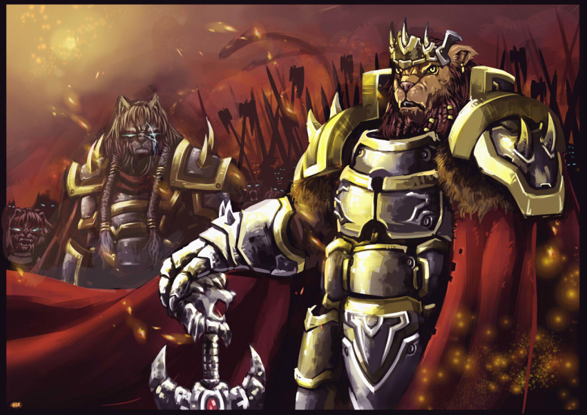 angry anthro armor axe black_body black_fur black_hair blue_eyes brown_body brown_fur brown_hair cape claws clothed clothing detailed_background fangs felid fur group hair link2004 lion male mammal melee_weapon muscular muscular_anthro muscular_male pantherine scar weapon yellow_eyes
