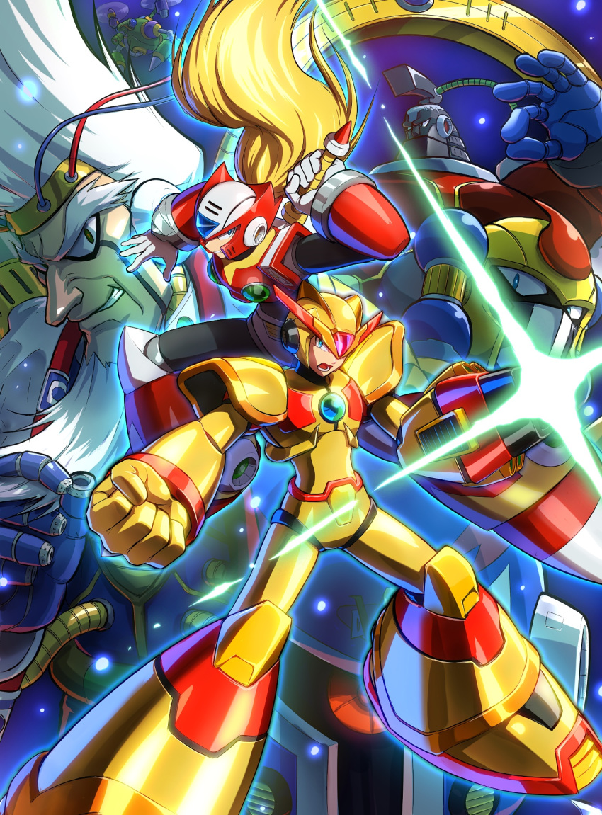 6+boys android arm_cannon beard blonde_hair capcom clenched_hand dr.doppler facial_hair green_eyes grin helmet highres hoshi_mikan long_hair male_focus mandarela_bb multiple_boys open_mouth red_eyes rockman rockman_x rockman_x3 serious smile vajurila_ff vava weapon white_hair x_(rockman) zero_(rockman)