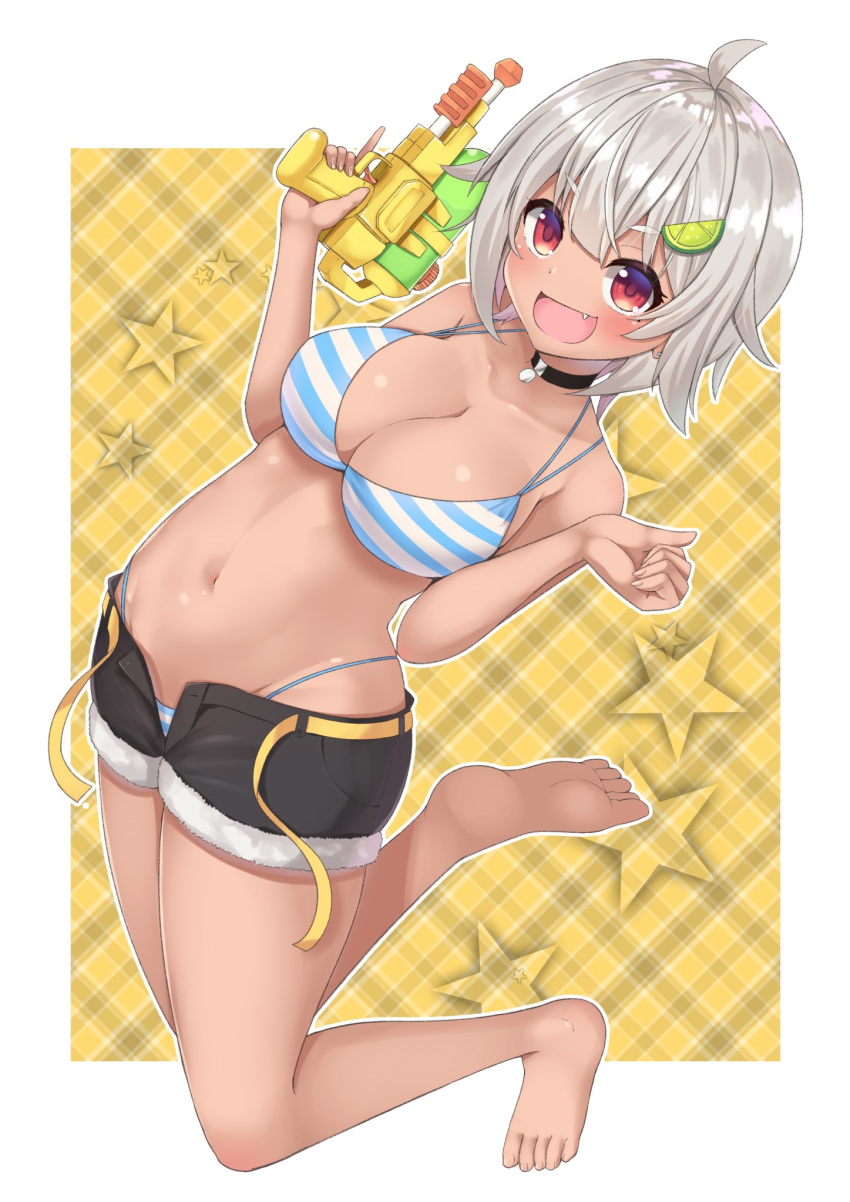 1girl :d ahoge barefoot bikini breasts choker collarbone commentary_request eyebrows_visible_through_hair fang full_body fur-trimmed_shorts fur_trim hayama_marin highres large_breasts navel nijisanji open_mouth outline outside_border plaid plaid_background red_eyes short_hair shorts silver_hair smile solo starry_background striped striped_bikini swimsuit toriniku_(selene1050) trigger_discipline unbuttoned v-shaped_eyebrows virtual_youtuber water_gun white_outline yellow_background