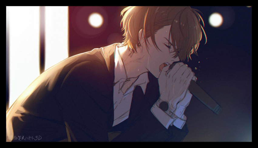 1boy bangs black_border black_jacket blurry blurry_background border brown_hair closed_eyes collared_shirt depth_of_field dress_shirt from_side highres holding holding_microphone isshiki_(ffmania7) jacket kagami_hayato leaning_forward long_sleeves male_focus microphone nijisanji open_mouth shirt solo sweat translation_request two-handed v-shaped_eyebrows virtual_youtuber white_shirt