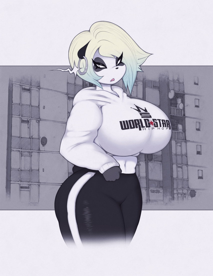 anthro big_breasts bottomwear breasts clothing ear_piercing ear_ring female giant_panda hair hi_res leggings legwear mammal multicolored_hair navel pants piercing scoff smutbunny solo sweater text text_on_clothing text_on_topwear topwear ursid worldstarhiphop