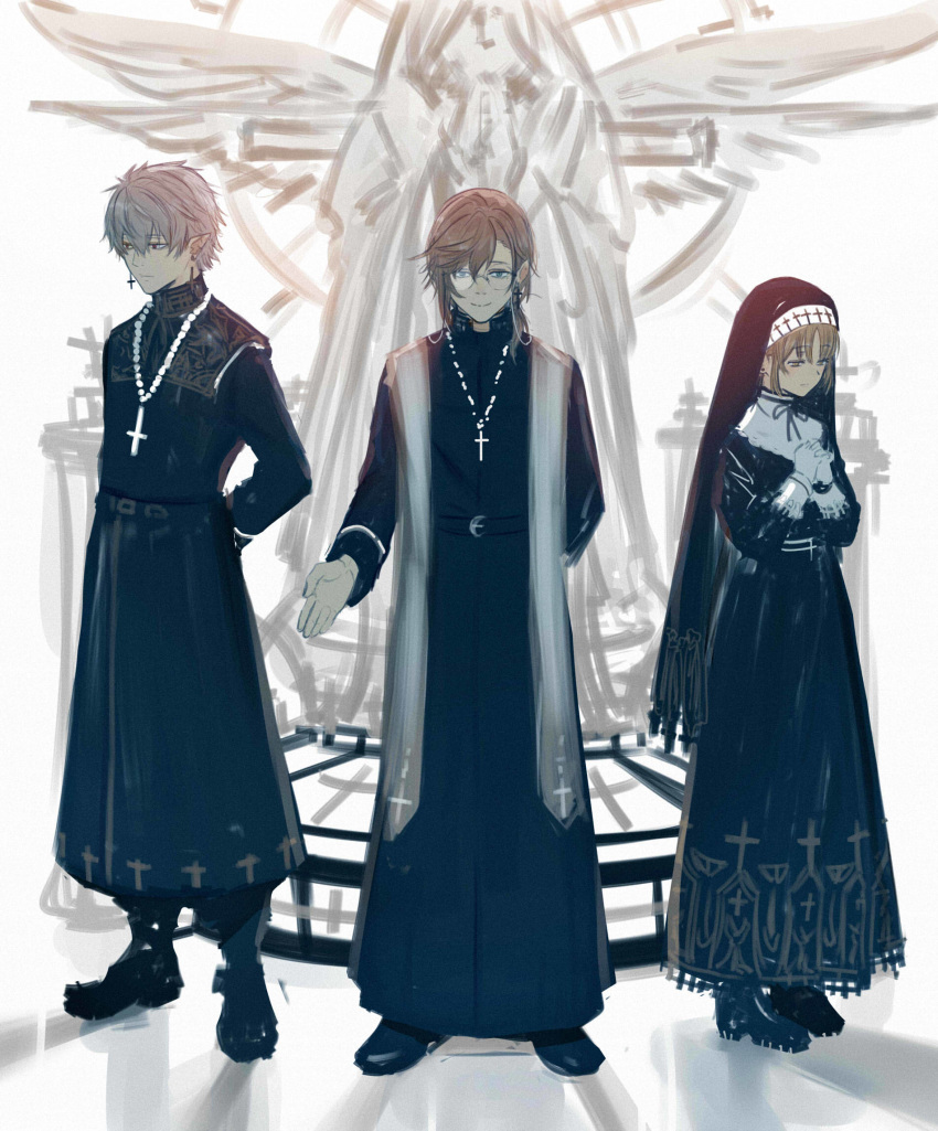 1girl 2boys angel_statue arm_behind_back arms_behind_back black_dress black_footwear black_robe brown_hair character_request closed_mouth cross cross_earrings cross_necklace dress earrings glasses gloves grey_background habit hands_clasped highres isshiki_(ffmania7) jewelry kanae_(nijisanji) kuzuha_(nijisanji) latin_cross long_hair long_sleeves looking_at_viewer multiple_boys necklace nijisanji nun own_hands_together pointy_ears shoes sister_cleaire smile statue veil virtual_youtuber white_gloves