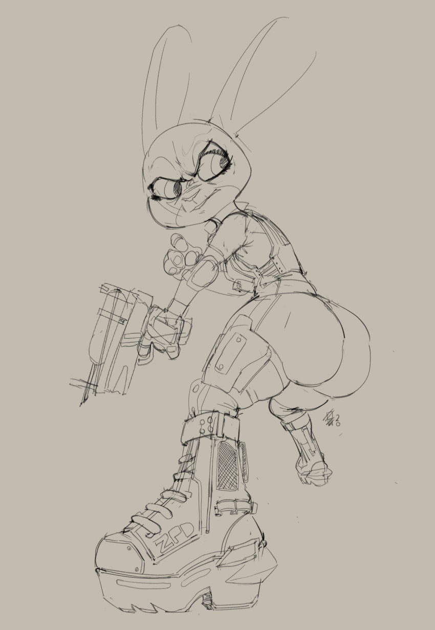 absurd_res action_pose anthro armor big_butt boots bulletproof_vest butt clothing detailed_clothing disney footwear gun hi_res judy_hopps lagomorph leporid mammal perspective pose rabbit ranged_weapon sixsidesofmyhead sketch solo tranquilizer weapon zootopia