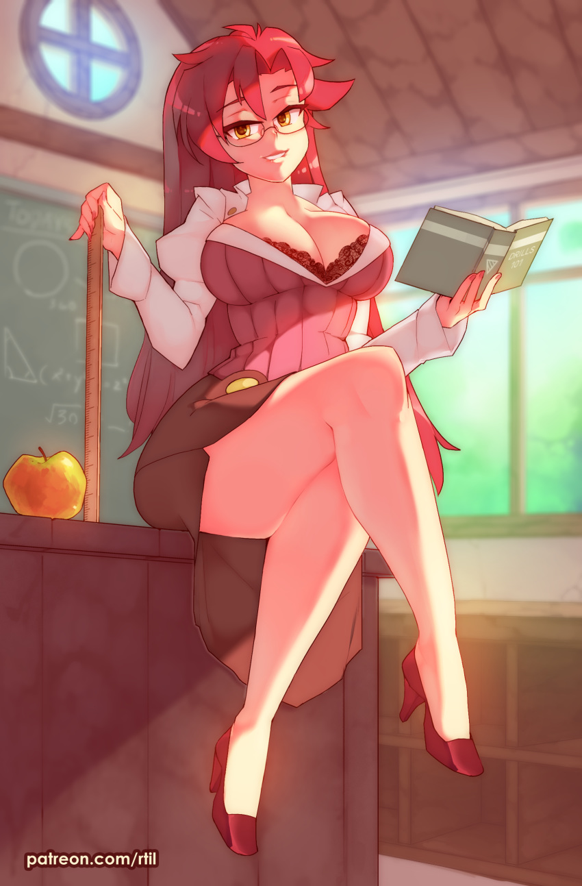 1girl absurdres apple bare_legs bespectacled book bra bra_peek breasts classroom cleavage commentary crossed_legs desk english_commentary evening fingernails food fruit full_body glasses grin hair_down hair_intakes half-closed_eyes head_tilt high_heels highres holding holding_book indoors lace-trimmed_bra lace_trim large_breasts legs lips long_hair looking_at_viewer naughty_face older on_desk open_book open_clothes open_collar pencil_skirt pumps red_hair ribbed_sweater rtil ruler semi-rimless_eyewear shrug_(clothing) sitting skirt smile solo sunlight sweater teacher tengen_toppa_gurren_lagann thick_thighs thighs under-rim_eyewear underwear wide_hips yellow_eyes yoko_littner yomako