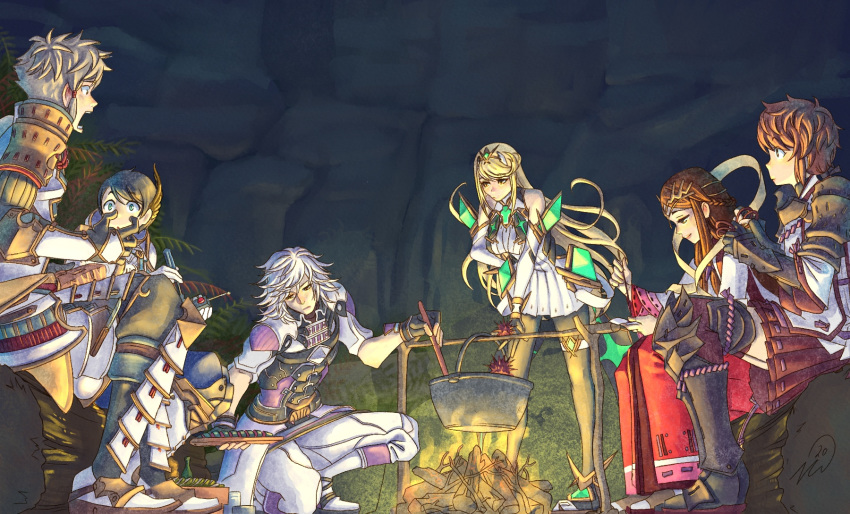 3boys 3girls addam_origo blonde_hair campfire cooking dress fan_la_norne gameplay_mechanics gloves highres hugo_ardanach jin_(xenoblade) long_hair lora_(xenoblade) multiple_boys multiple_girls mythra_(xenoblade) night outdoors pantyhose pot screwdriver short_dress sitting sitting_on_log standing stirring tiara vvbert white_dress xenoblade_chronicles_(series) xenoblade_chronicles_2 xenoblade_chronicles_2:_torna_-_the_golden_country