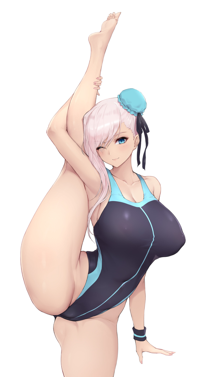 1girl absurdres asymmetrical_hair bangs bare_shoulders black_swimsuit blue_eyes blue_swimsuit blush breasts bun_cover cleavage collarbone fate/grand_order fate_(series) hair_bun hair_ribbon highres large_breasts leg_lift leg_up legs long_hair looking_at_viewer miyamoto_musashi_(fate/grand_order) miyamoto_musashi_(swimsuit_berserker)_(fate) one-piece_swimsuit phil pink_hair ribbon side_bun simple_background smile split standing standing_on_one_leg standing_split swept_bangs swimsuit white_background