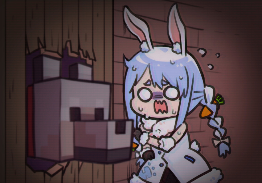 1girl animal_ear_fluff animal_ears black_gloves blue_hair braid broken_door bunny_ears carrot_hair_ornament chibi coat commentary commentary_typo dog door food_themed_hair_ornament fur_collar gloves hair_ornament here's_johnny! hololive indoors long_hair minecraft multicolored_hair nekotaririn o_o parody scared solo sweat sweating_profusely the_shining twin_braids two-tone_hair usada_pekora virtual_youtuber wavy_mouth white_coat white_hair