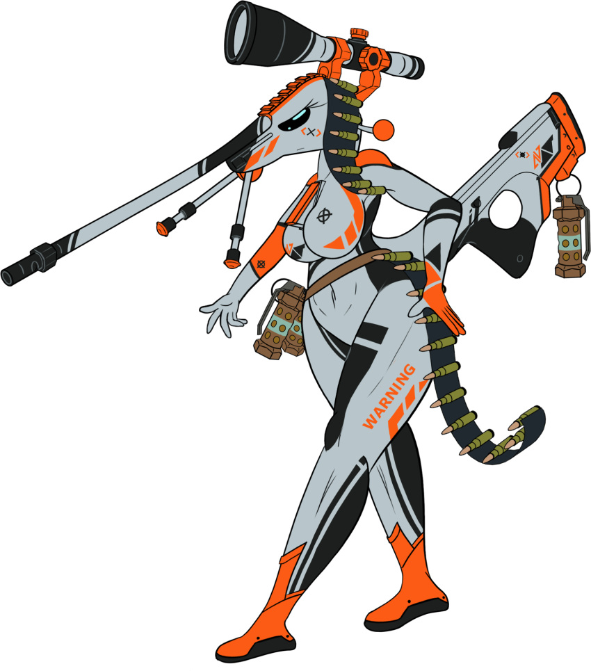 2018 alpha_channel ammo_belt ammunition animate_inanimate anthro asiimov awp big_breasts black_body black_skin breasts explosives eyelashes featureless_breasts grenade grey_body grey_skin gun hi_res living_gun living_ranged_weapon living_weapon multicolored_body multicolored_skin orange_body orange_skin ranged_weapon rifle scope simple_background small_waist sniper_rifle thick_thighs transparent_background weapon wide_hips znhc