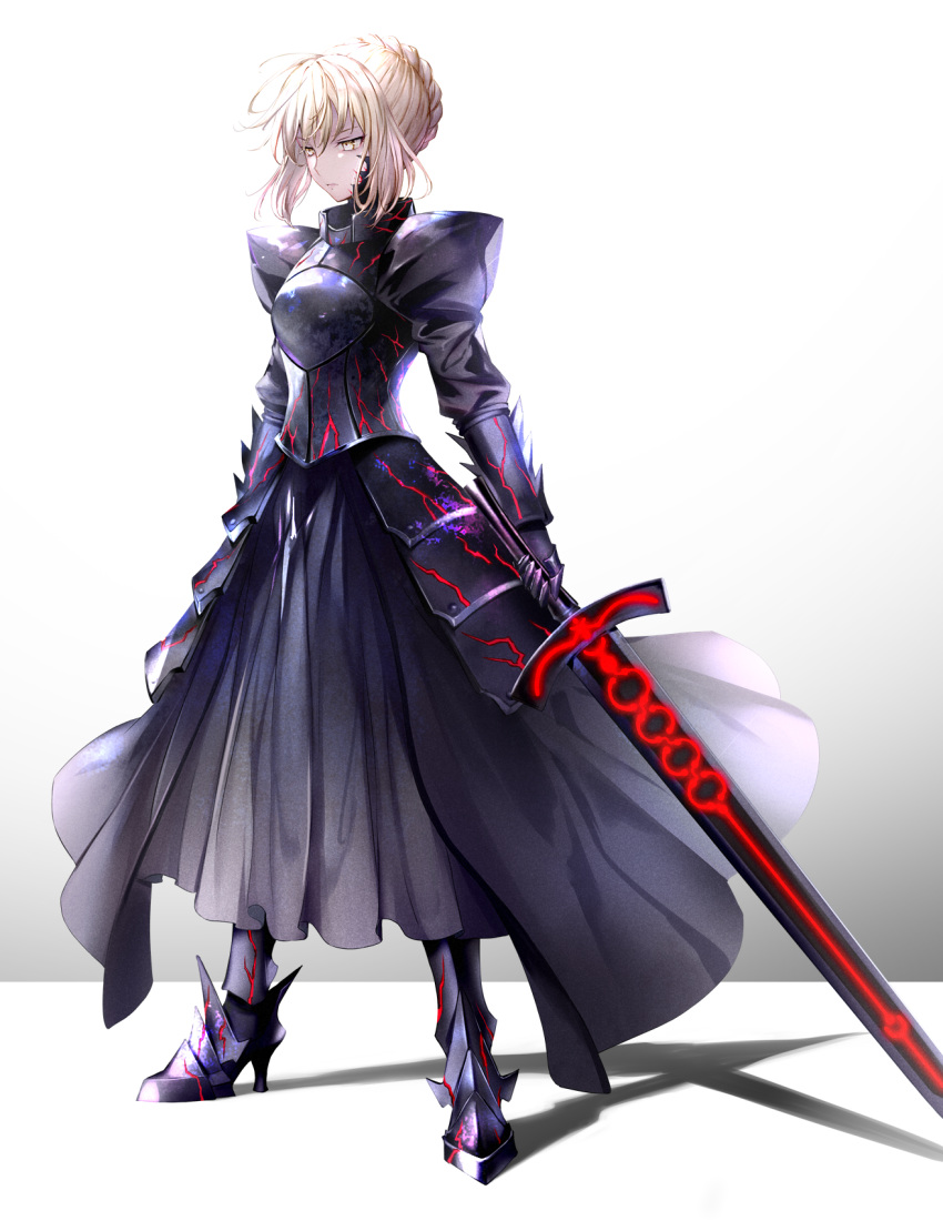 1girl 6688km armor armored_boots armored_dress artoria_pendragon_(all) black_dress black_footwear boots braid braided_bun dress excalibur_morgan fate/stay_night fate_(series) faulds full_body highres holding holding_sword holding_weapon long_dress saber_alter short_hair sidelocks silver_hair simple_background solo standing sword weapon white_background