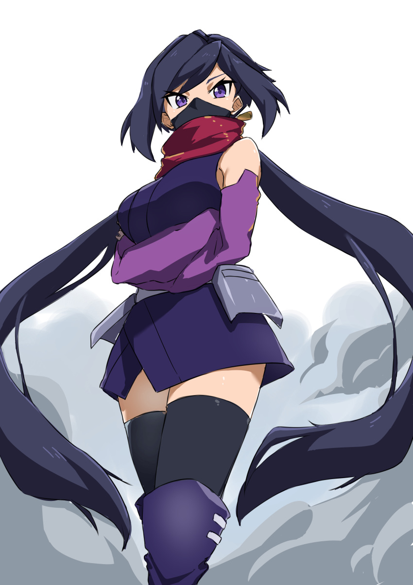 1girl absurdres ayame_(gundam_build_divers) bangs black_hair black_legwear boots check_commentary commentary commentary_request elbow_gloves gloves gundam gundam_build_divers hair_ornament highres hip_armor japanese_clothes kimono long_hair looking_at_viewer mask mouth_mask ninja ninja_mask purple_eyes purple_gloves red_scarf scarf shinwota short_kimono sidelocks sleeveless solo split_ponytail thigh_boots thighhighs very_long_hair zettai_ryouiki