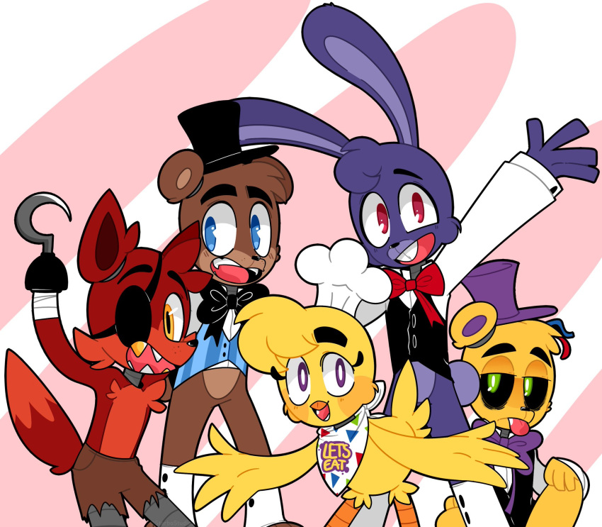 4_fingers animatronic anthro avian beak bib bird black_sclera blush bonnie_(fnaf) brown_body brown_fur brown_hair buckteeth canid canine cheek_tuft chest_tuft chica_(fnaf) chicken clothing eye_patch eyebrows eyewear facial_tuft feathers female fingers five_nights_at_freddy's fox foxy_(fnaf) freddy_(fnaf) fur galliform gallus_(genus) gold_(metal) gold_tooth golden_freddy_(fnaf) hair half-closed_eyes hat head_tuft headgear headwear hi_res hook lagomorph leporid long_ears machine male mammal narrowed_eyes open_mouth phasianid purple_body purple_fur purple_hair rabbit red_body red_fur red_hair robot sharp_teeth smile starbostudios tail_feathers teeth tongue tongue_out tuft ursid video_games yellow_body yellow_feathers