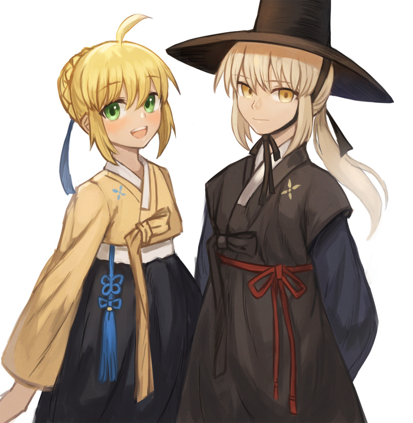 2girls :d ahoge alternate_costume arms_behind_back artoria_pendragon_(all) bangs black_ribbon blonde_hair blue_ribbon braid commentary_request crown_braid eyebrows_visible_through_hair fate/stay_night fate_(series) green_eyes hair_between_eyes hair_ribbon hanbok hat highres korean_clothes korean_commentary long_sleeves looking_at_viewer multiple_girls open_mouth ponytail ribbon saber saber_alter simple_background smile sookmo white_background yellow_eyes