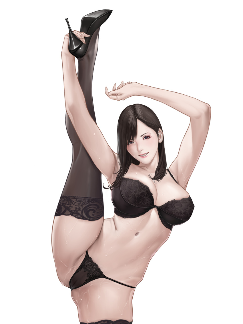 1girl armpits arms_up ass black_bra black_eyes black_hair black_legwear black_panties bra breasts cleavage grin high_heels highres large_breasts long_hair looking_at_viewer navel original panties pussy pussy_juice see-through shisshou_senkoku smile solo split standing standing_on_one_leg standing_split thighhighs transparent_background underwear