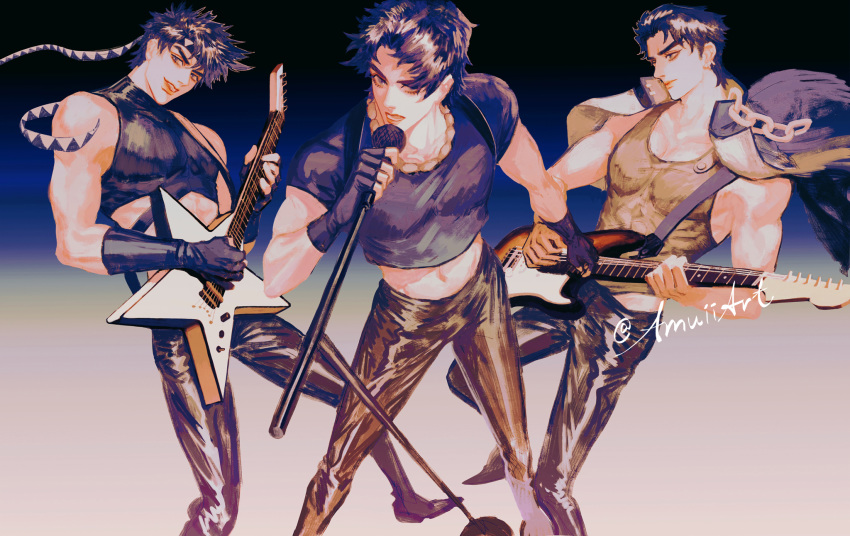 3boys amuiiart battle_tendency black_gloves closed_mouth electric_guitar feet_out_of_frame fingerless_gloves gloves grandfather_and_grandson guitar highres holding holding_instrument holding_microphone instrument jojo_no_kimyou_na_bouken jonathan_joestar joseph_joestar_(young) kuujou_joutarou male_focus microphone multiple_boys muscle music open_mouth pants phantom_blood playing_instrument singing sleeveless smile stardust_crusaders