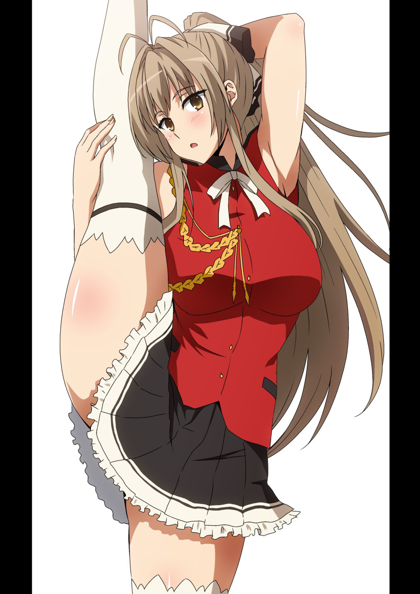 1girl aiguillette amagi_brilliant_park antenna_hair armpits bangs blush breasts brown_eyes brown_hair hair_intakes hara_(harayutaka) highres large_breasts long_hair looking_at_viewer ponytail sento_isuzu simple_background split standing standing_on_one_leg standing_split thighhighs white_background