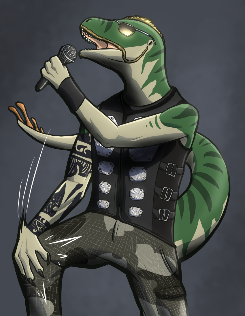 absurd_res anthro bottomwear claws clothing dinosaur eyewear facial_hair green_body green_scales grey_background hair hi_res joakim_broden makaronnie male markings microphone mustache open_mouth pants reptile sabaton_(band) scales scalie simple_background singing solo sunglasses tattoo theropod topwear vest