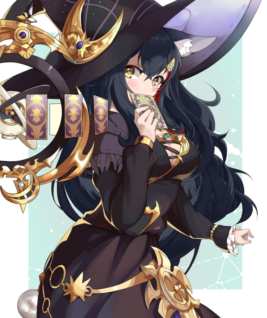 1girl animal_ears blush breasts card cleavage commentary_request covering_mouth hair_ornament hat highres hololive large_breasts looking_at_viewer ookami_mio orb simple_background solo tarot virtual_youtuber witch_hat wolf_ears yellow_eyes