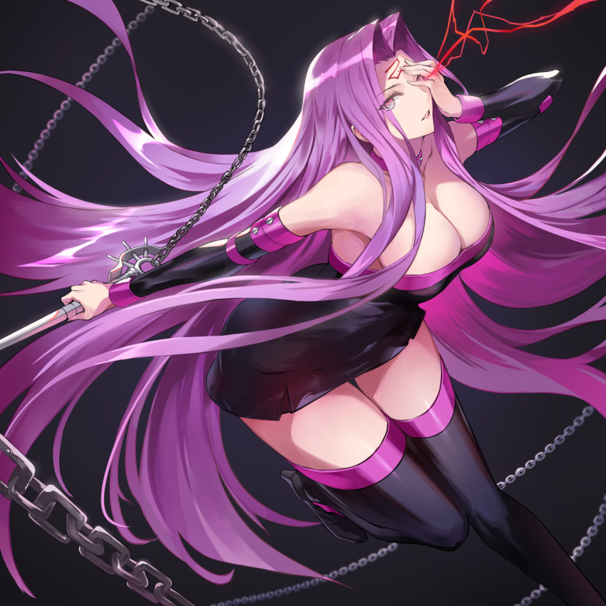 1girl bangs bare_shoulders black_dress black_footwear black_sleeves blindfold boots breasts cleavage collar detached_sleeves dress facial_mark fate/stay_night fate_(series) forehead_mark highres large_breasts long_hair long_sleeves looking_at_viewer nameless_dagger nr_noir purple_collar purple_hair rider short_dress strapless strapless_dress thigh_boots thighhighs thighs very_long_hair