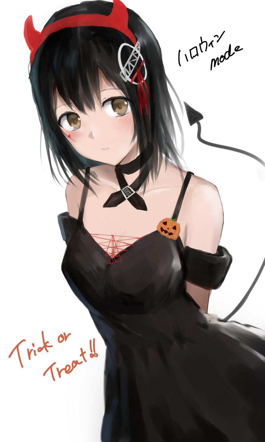 1girl 73suke absurdres alternate_costume arms_behind_back black_dress black_hair brown_eyes commentary cowboy_shot demon_horns demon_tail dress fake_horns haguro_(kantai_collection) hair_ornament halloween_costume highres horns jack-o'-lantern kantai_collection looking_at_viewer short_hair simple_background solo spaghetti_strap tail white_background